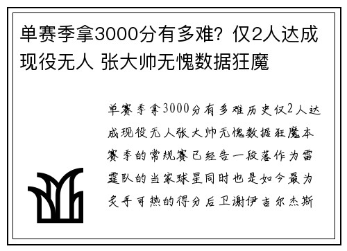 单赛季拿3000分有多难？仅2人达成 现役无人 张大帅无愧数据狂魔